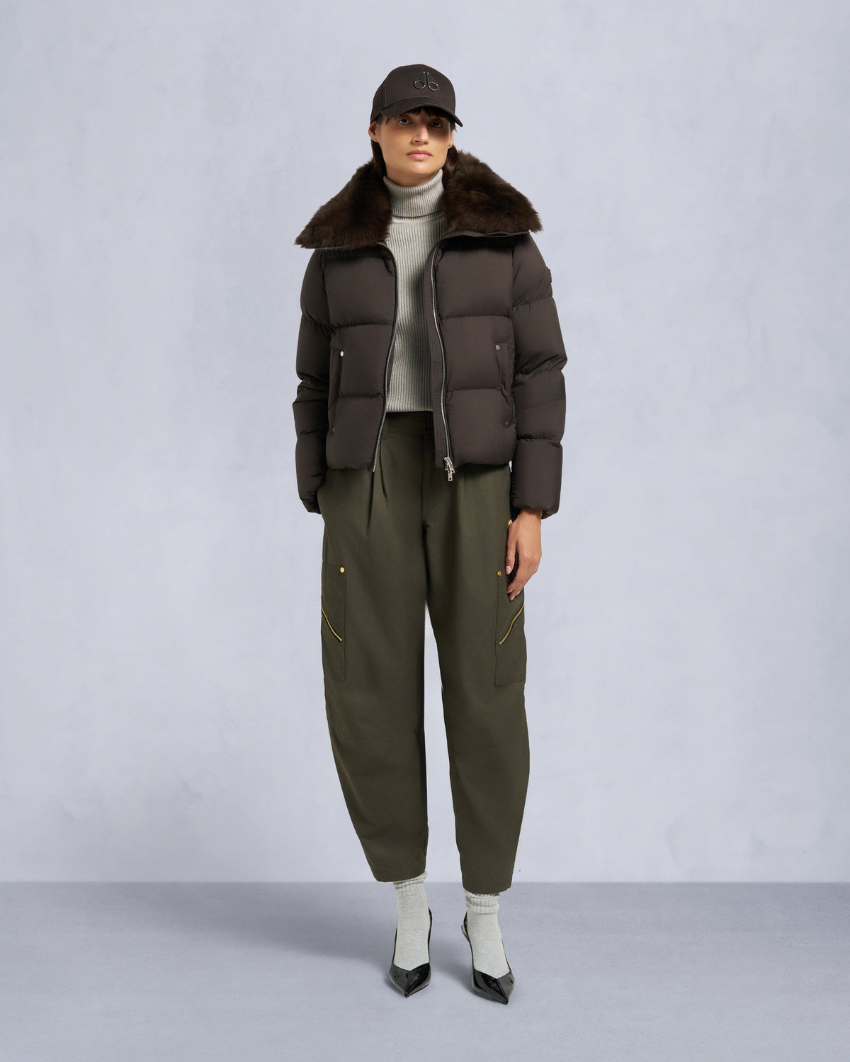 BELLE DUNE SHORT SHEARLING TRIM PUFFER-ESPRESSO